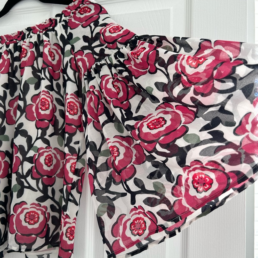 LOFT Pink and Black Floral Off the Shoulder Blouse